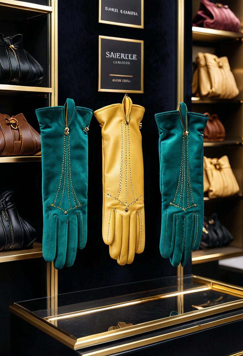 A pair of luxurious designer gloves showcase fine craftsmanship, featuring intricate stitching, premium leather, and elegant gold accents. Set against a chic, velvet-lined display, the gloves exude unmatched comfort and sophistication. The background highlights a fashion boutique atmosphere with plush lighting and stylish decor. super-realistic. vibrant colors.